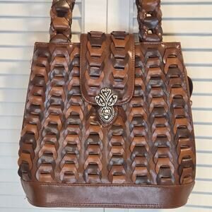 Braided Quality Leather Shoulder Bag Cognac Brown Retro Brushed Silver Closure